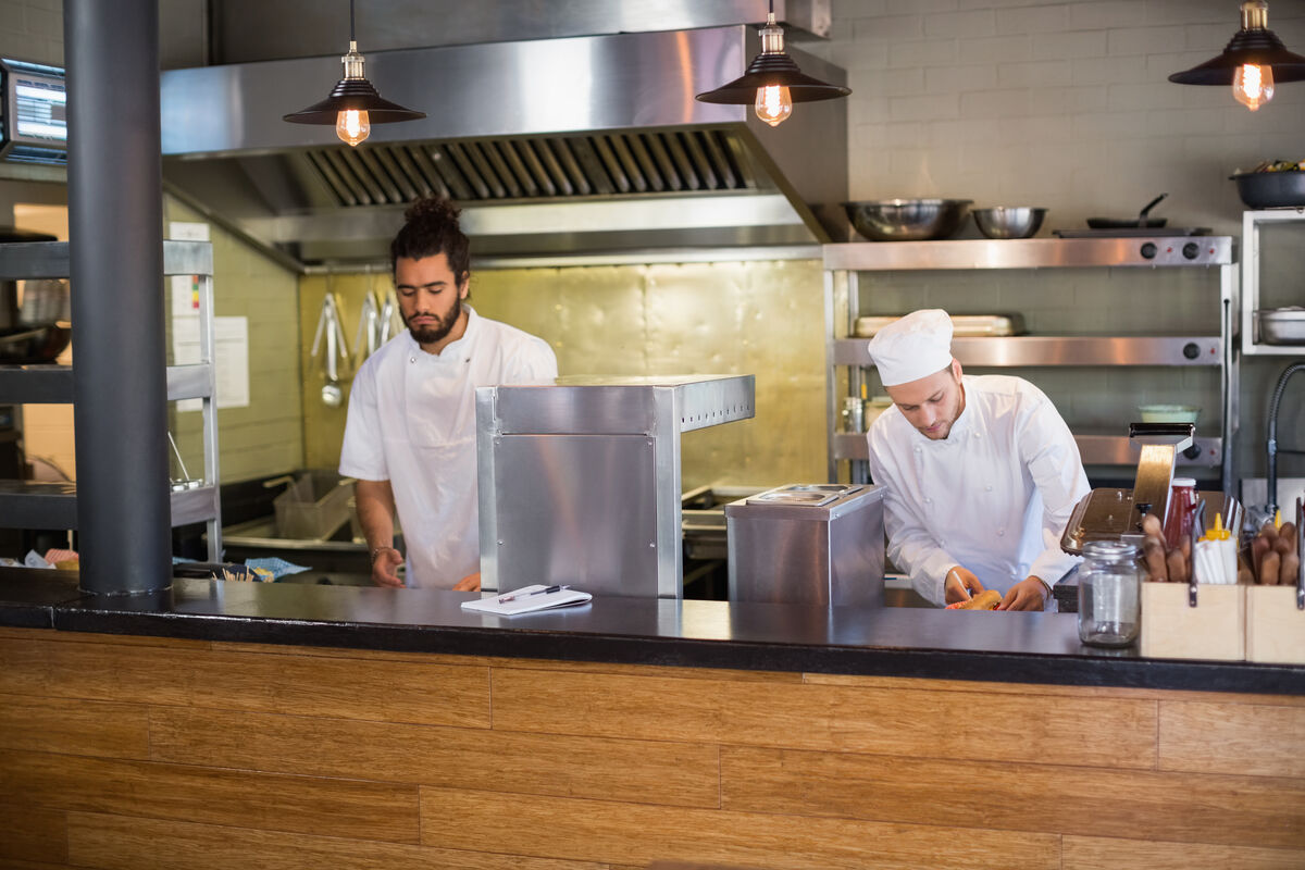 A professional kitchen line during service
